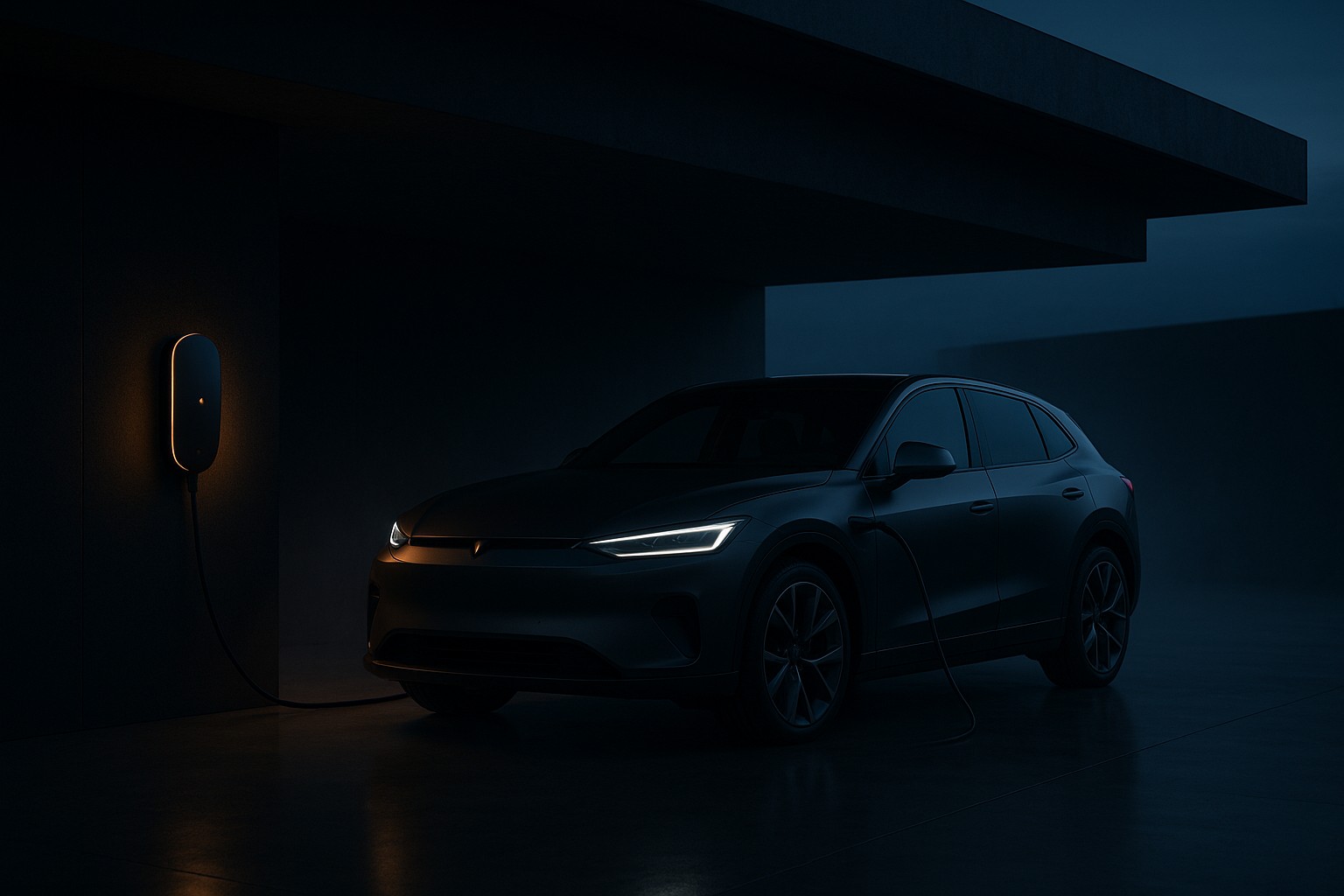 Electric SUV charging at a modern home with a Voltara wall charger